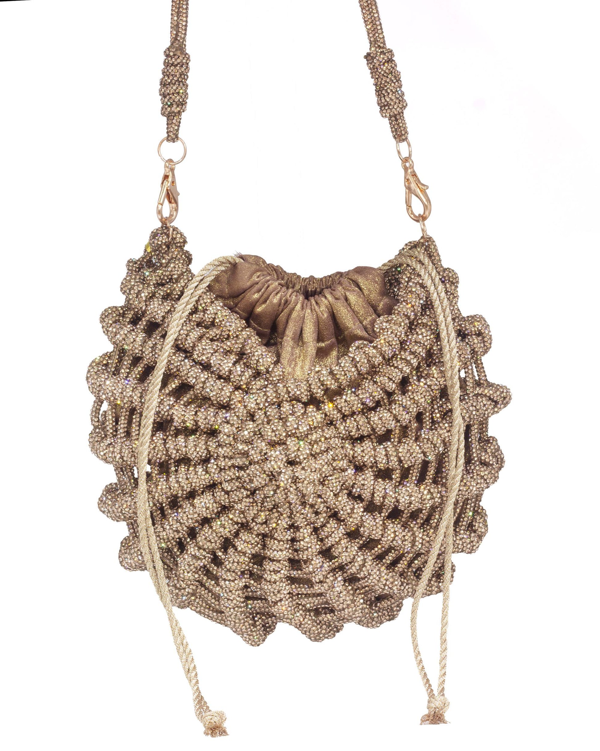 Palette by Rishma Lumina Nerina Caramel Handcrafted Rhinestone Macramé Bag — Rear View