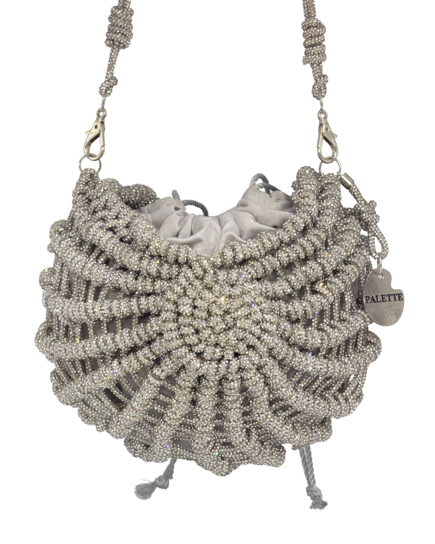 Palette by Rishma Lumina Nerina Silver Handcrafted Rhinestone Macramé Bag — Front View