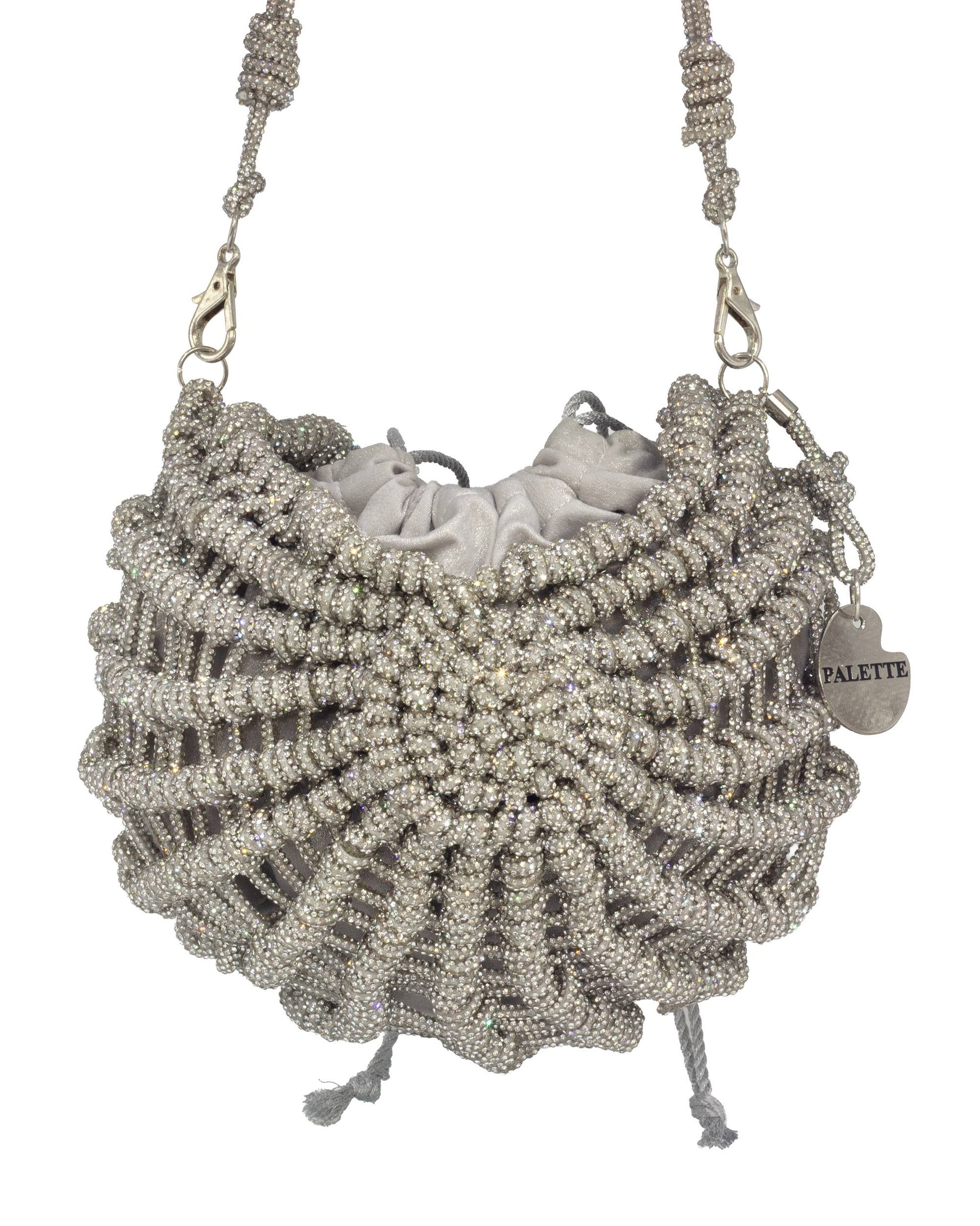 Palette by Rishma Lumina Nerina Silver Handcrafted Rhinestone Macramé Bag — Front View