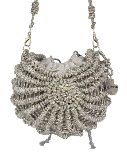 Palette by Rishma Lumina Nerina Silver Handcrafted Rhinestone Macramé Bag — Front View