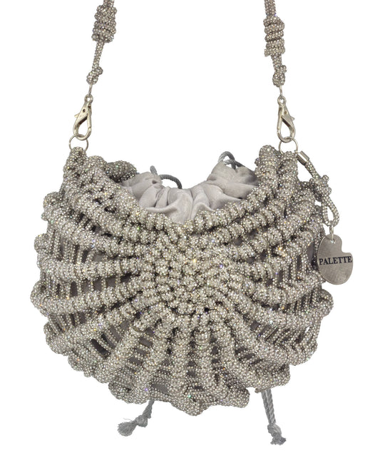 Palette by Rishma Lumina Nerina Silver Handcrafted Rhinestone Macramé Bag — Front View