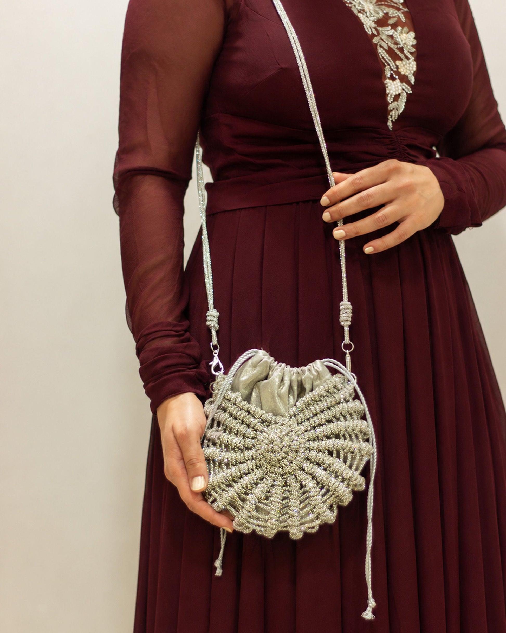Palette by Rishma Lumina Nerina Silver Handcrafted Rhinestone Macramé Bag — Lifestyle