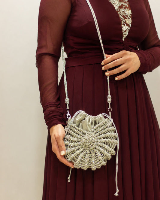 Palette by Rishma Lumina Nerina Silver Handcrafted Rhinestone Macramé Bag — Lifestyle