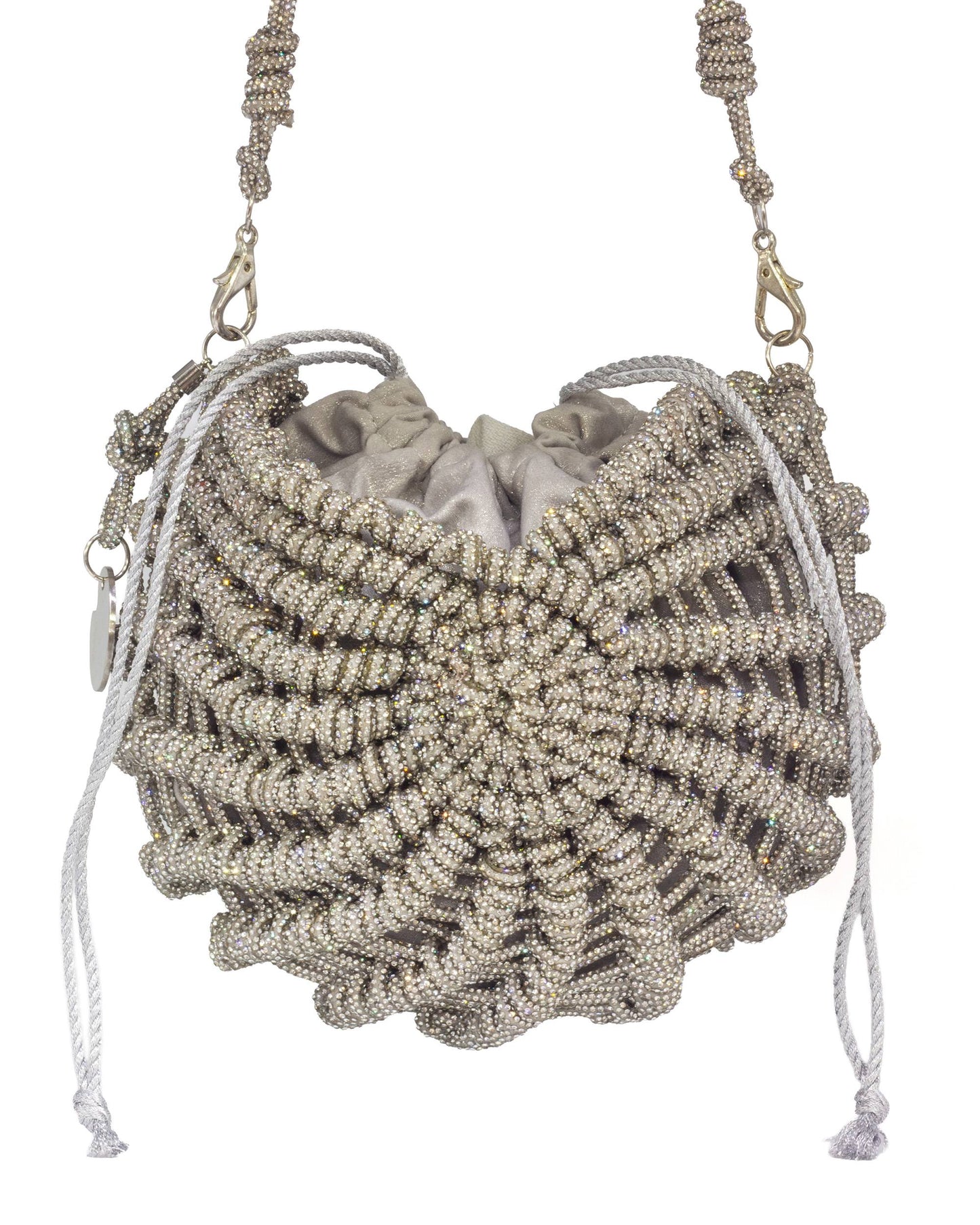 Palette by Rishma Lumina Nerina Silver Handcrafted Rhinestone Macramé Bag — Rear View