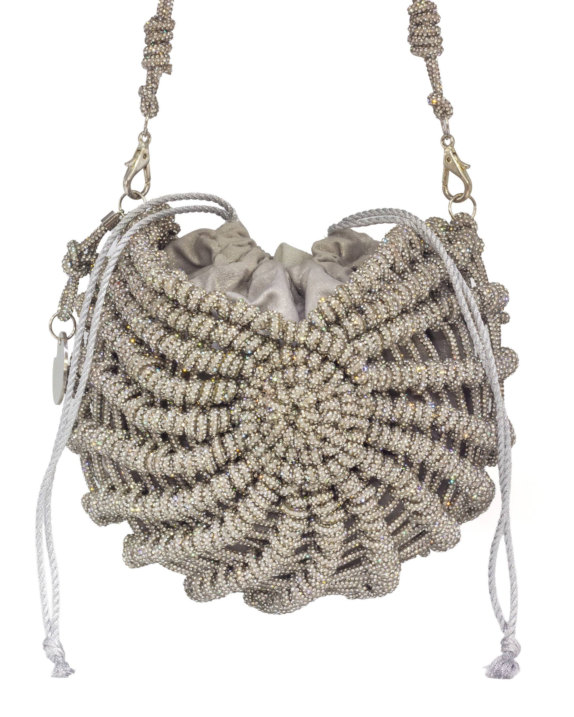 Palette by Rishma Lumina Nerina Silver Handcrafted Rhinestone Macramé Bag — Rear View