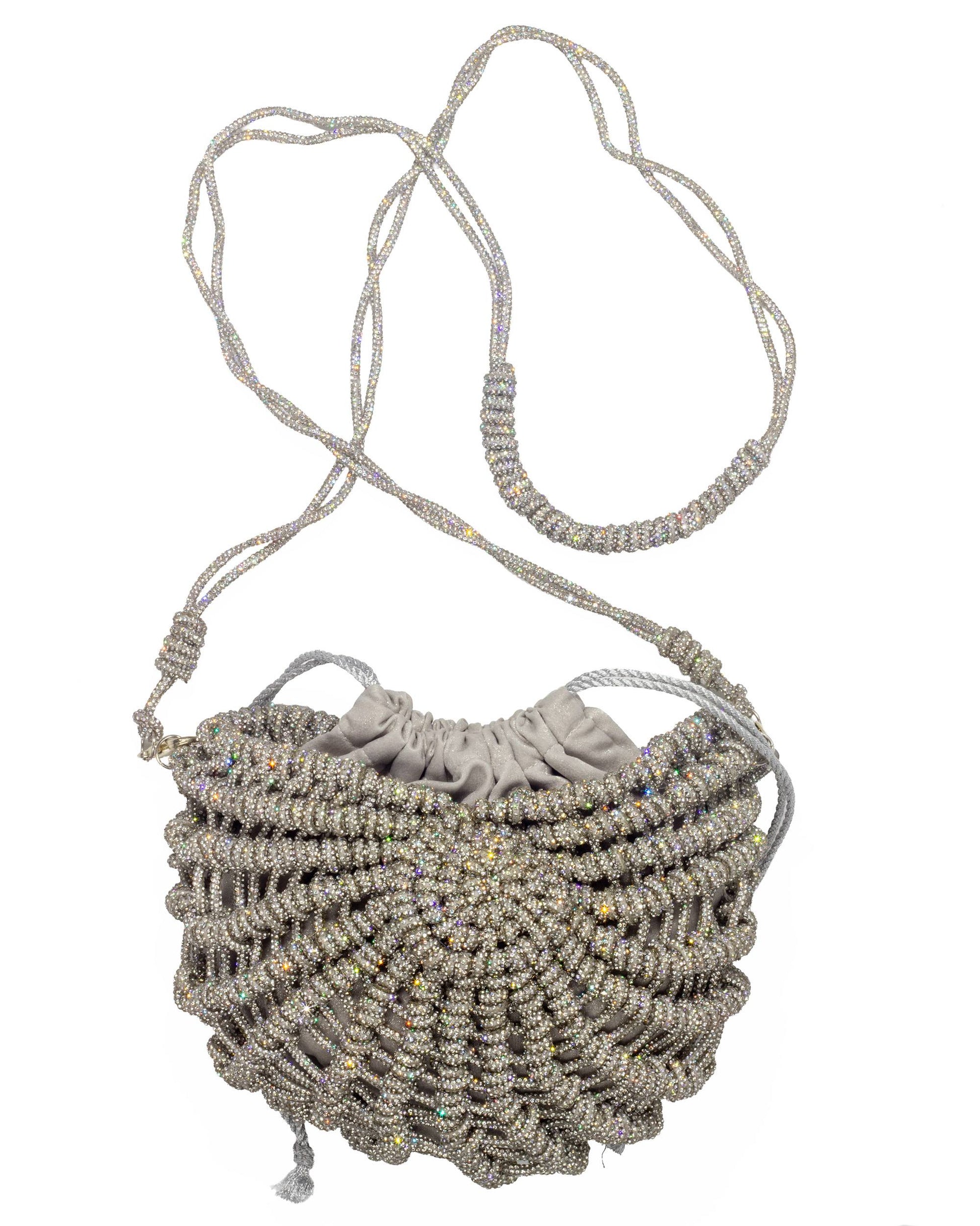 Palette by Rishma Lumina Nerina Silver Handcrafted Rhinestone Macramé Bag — Scale View
