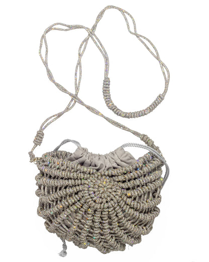Palette by Rishma Lumina Nerina Silver Handcrafted Rhinestone Macramé Bag — Scale View