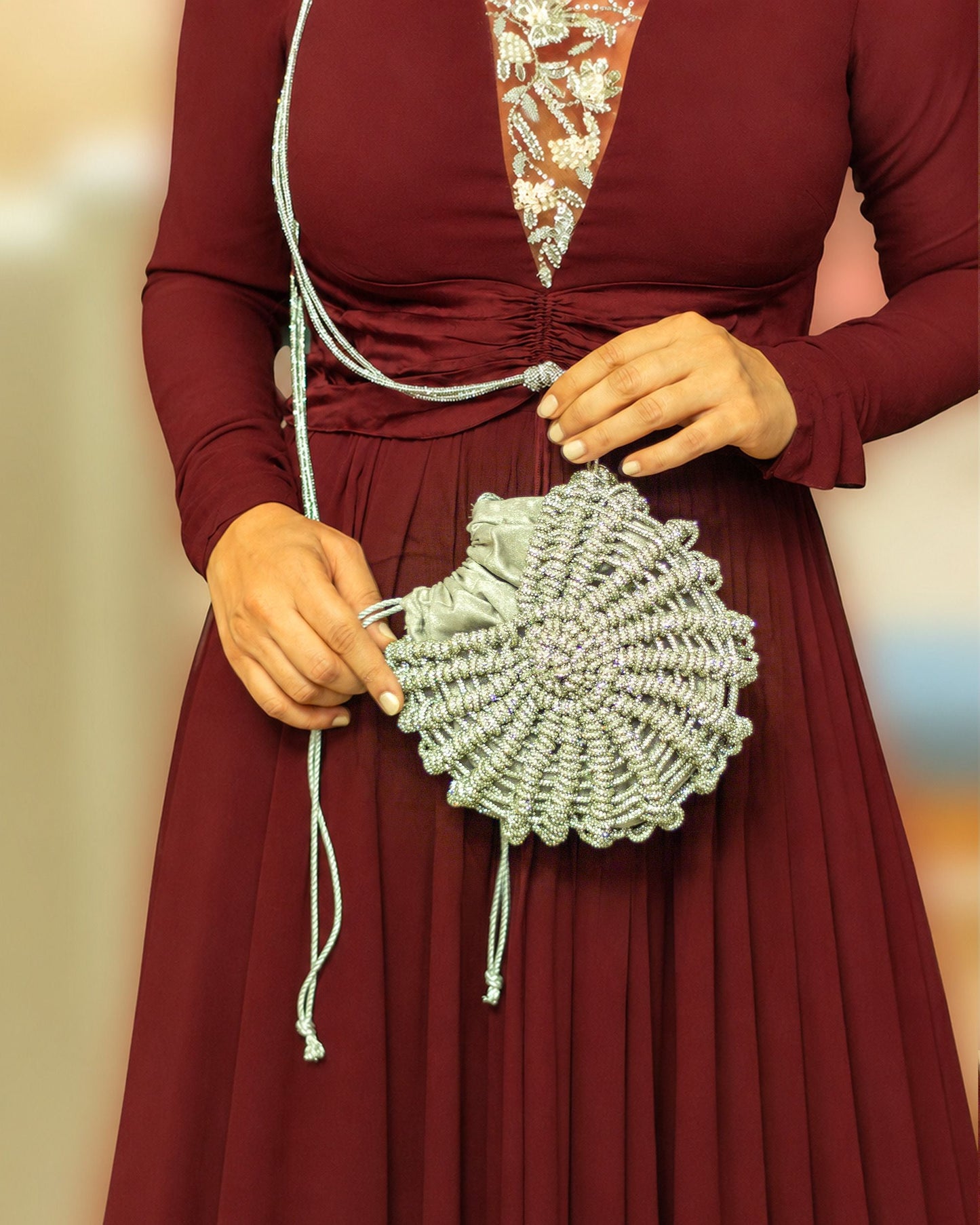 Palette by Rishma Lumina Nerina Silver Handcrafted Rhinestone Macramé Bag — Side View