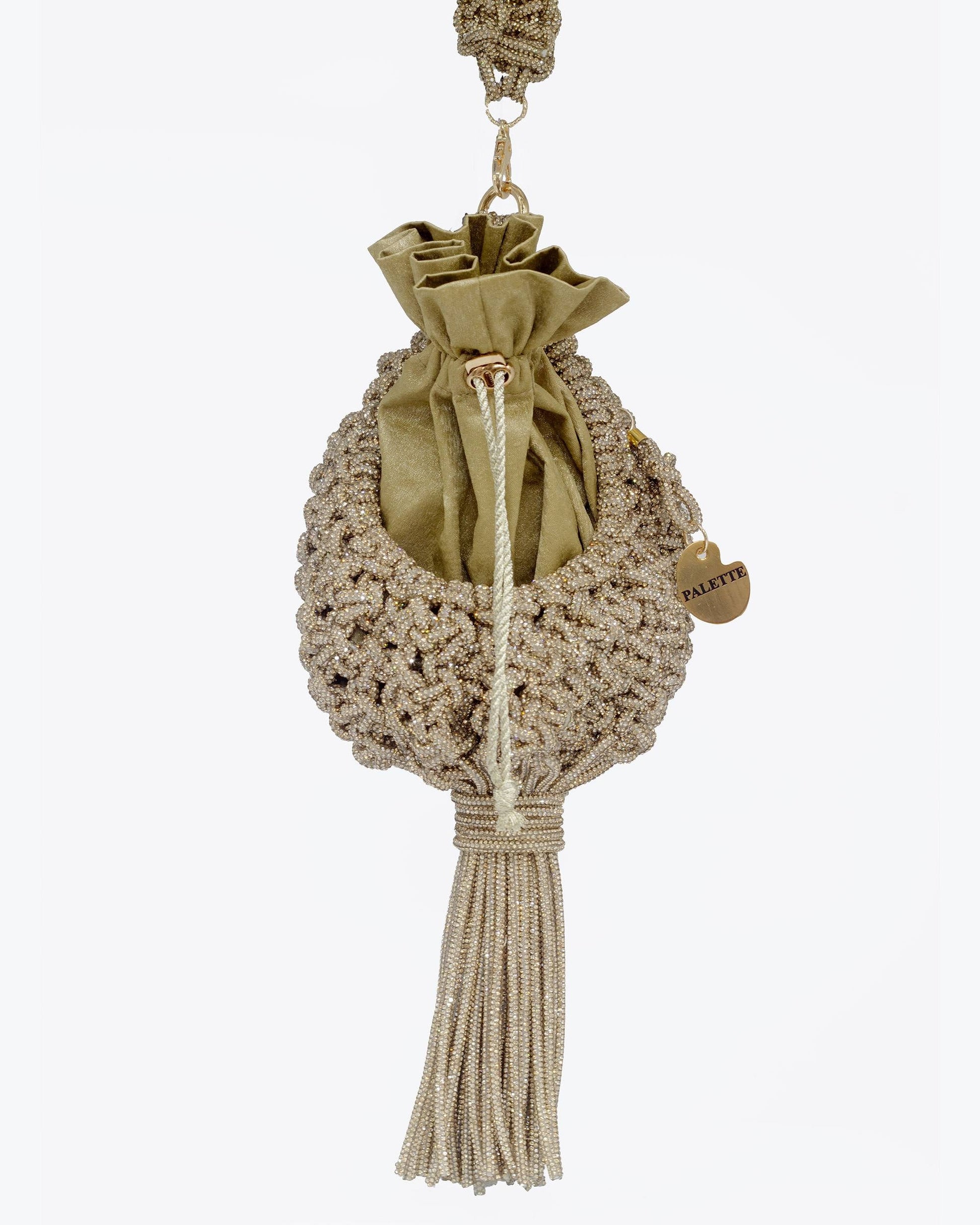 Palette by Rishma Lumina Nido Gold Handcrafted Rhinestone Macramé Potli — Front View