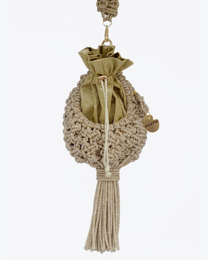 Palette by Rishma Lumina Nido Gold Handcrafted Rhinestone Macramé Potli — Front View