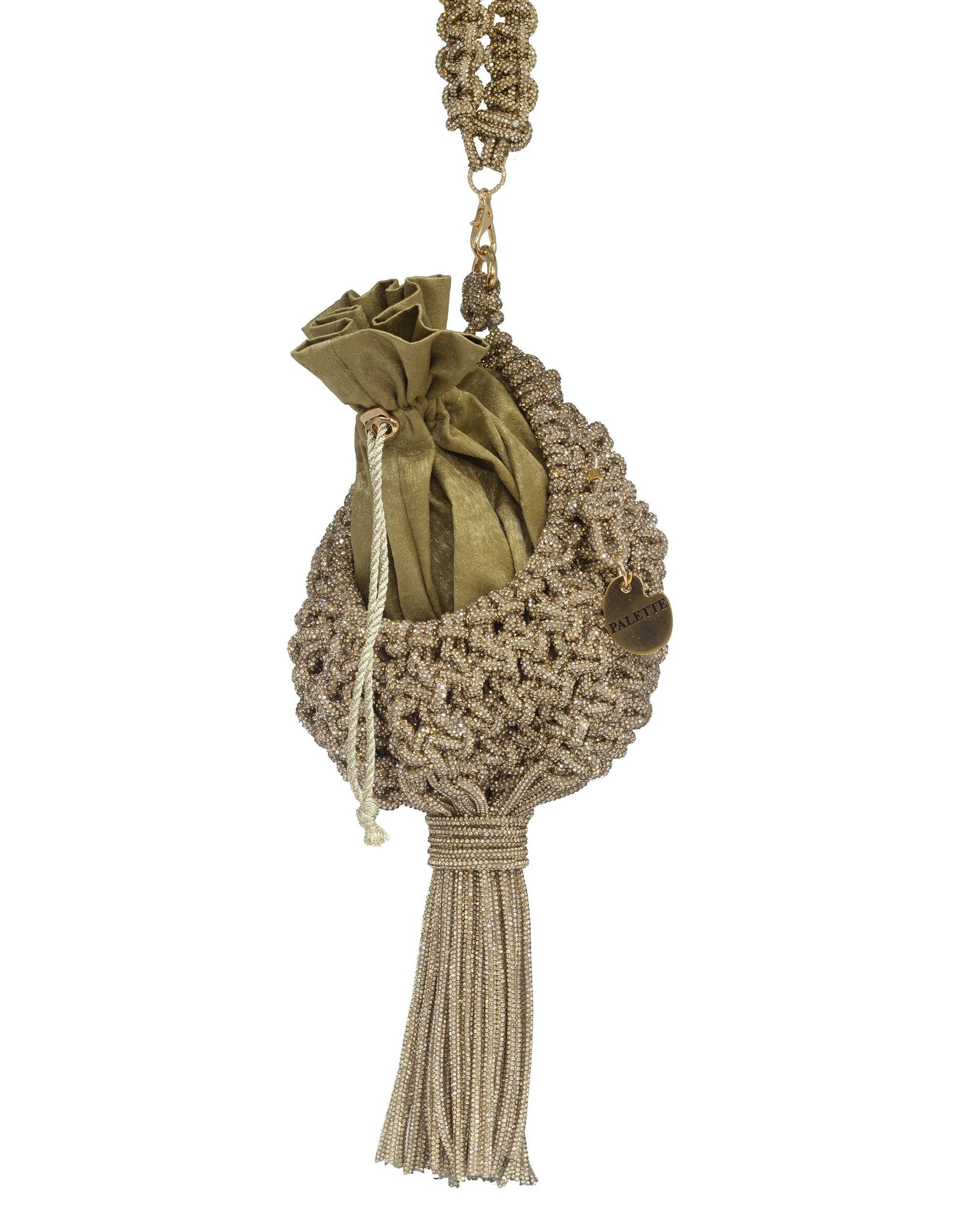 Palette by Rishma Lumina Nido Gold Handcrafted Rhinestone Macramé Potli — Side View