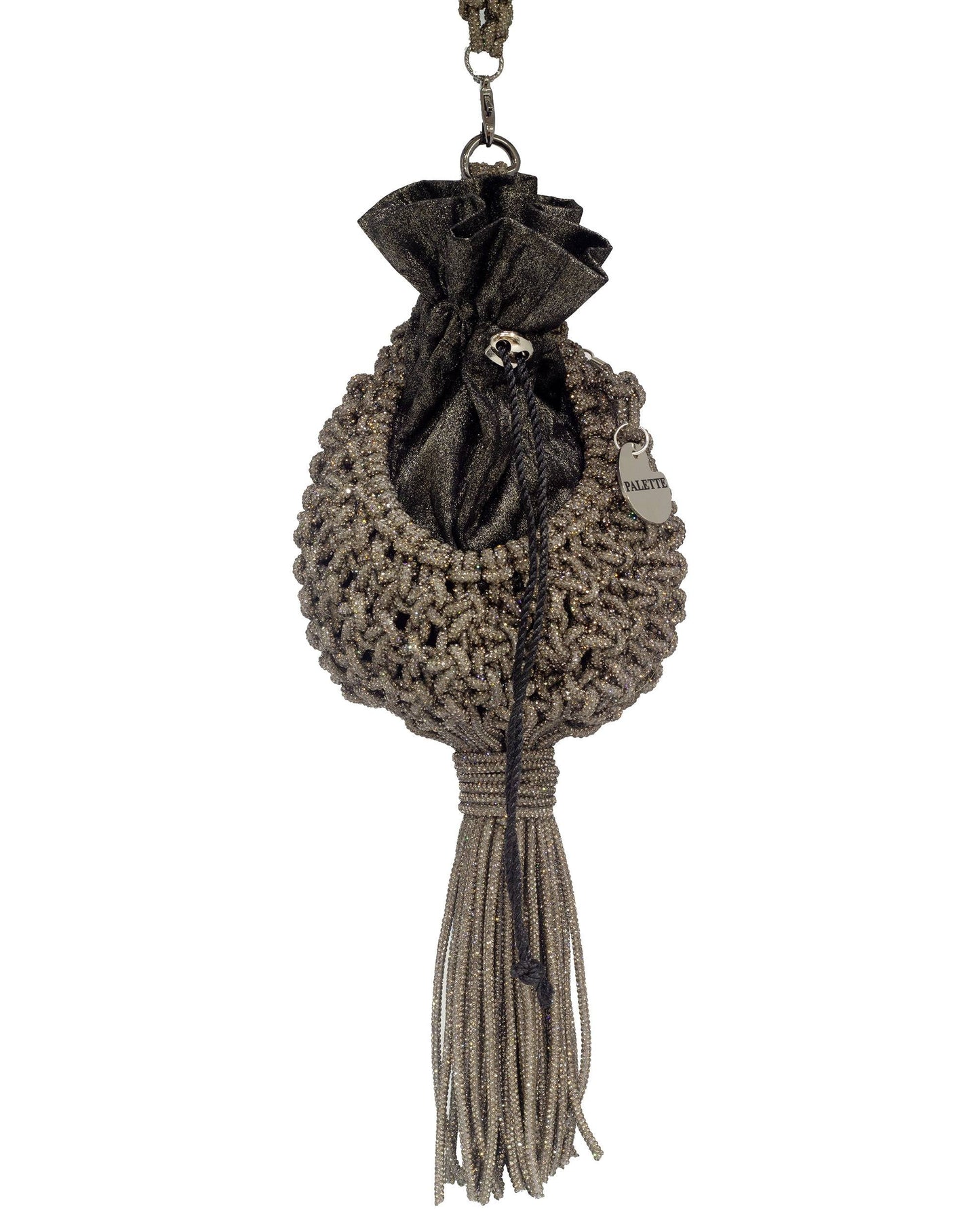 Palette by Rishma Lumina Nido Graphite Handcrafted Rhinestone Macramé Potli — Front View