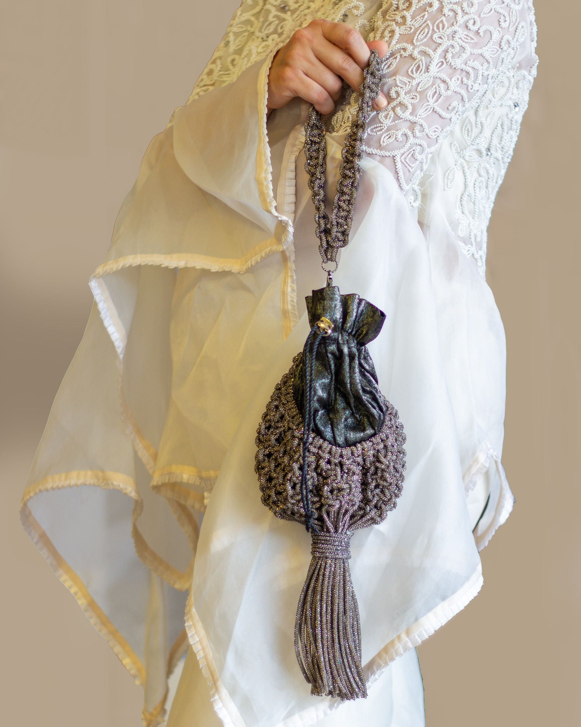 Palette by Rishma Lumina Nido Graphite Handcrafted Rhinestone Macramé Potli — Lifestyle