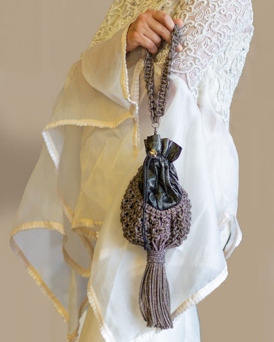 Palette by Rishma Lumina Nido Graphite Handcrafted Rhinestone Macramé Potli — Lifestyle