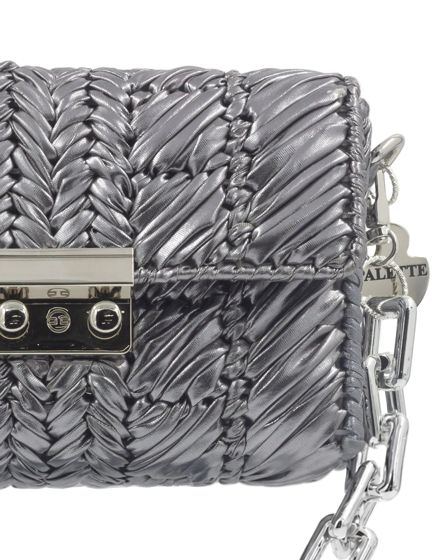 Close-up of woven metallic yarn texture on Palette by Rishma Argent Bag