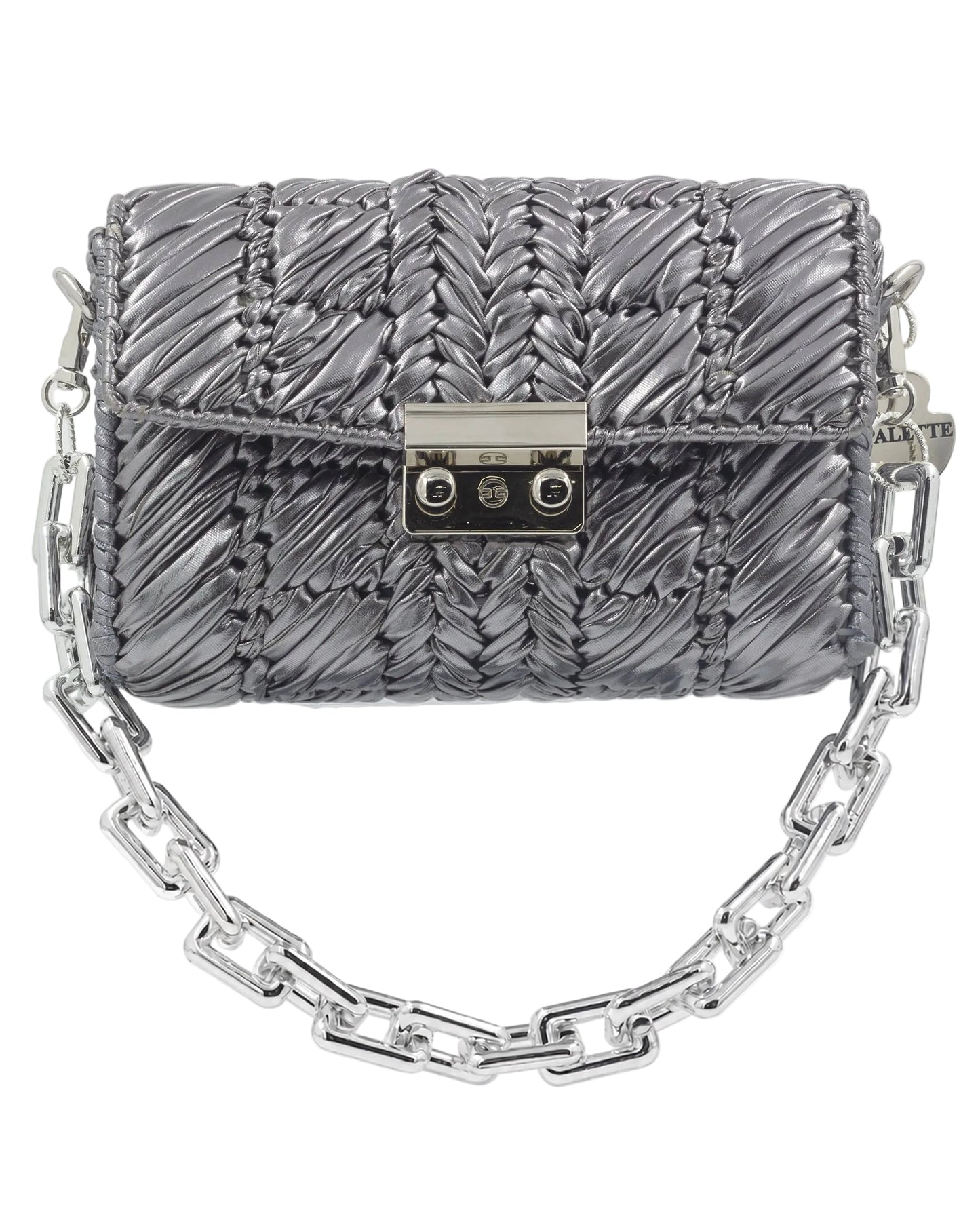 Palette by Rishma Argent Bag in pewter grey — hand woven metallic clutch, front