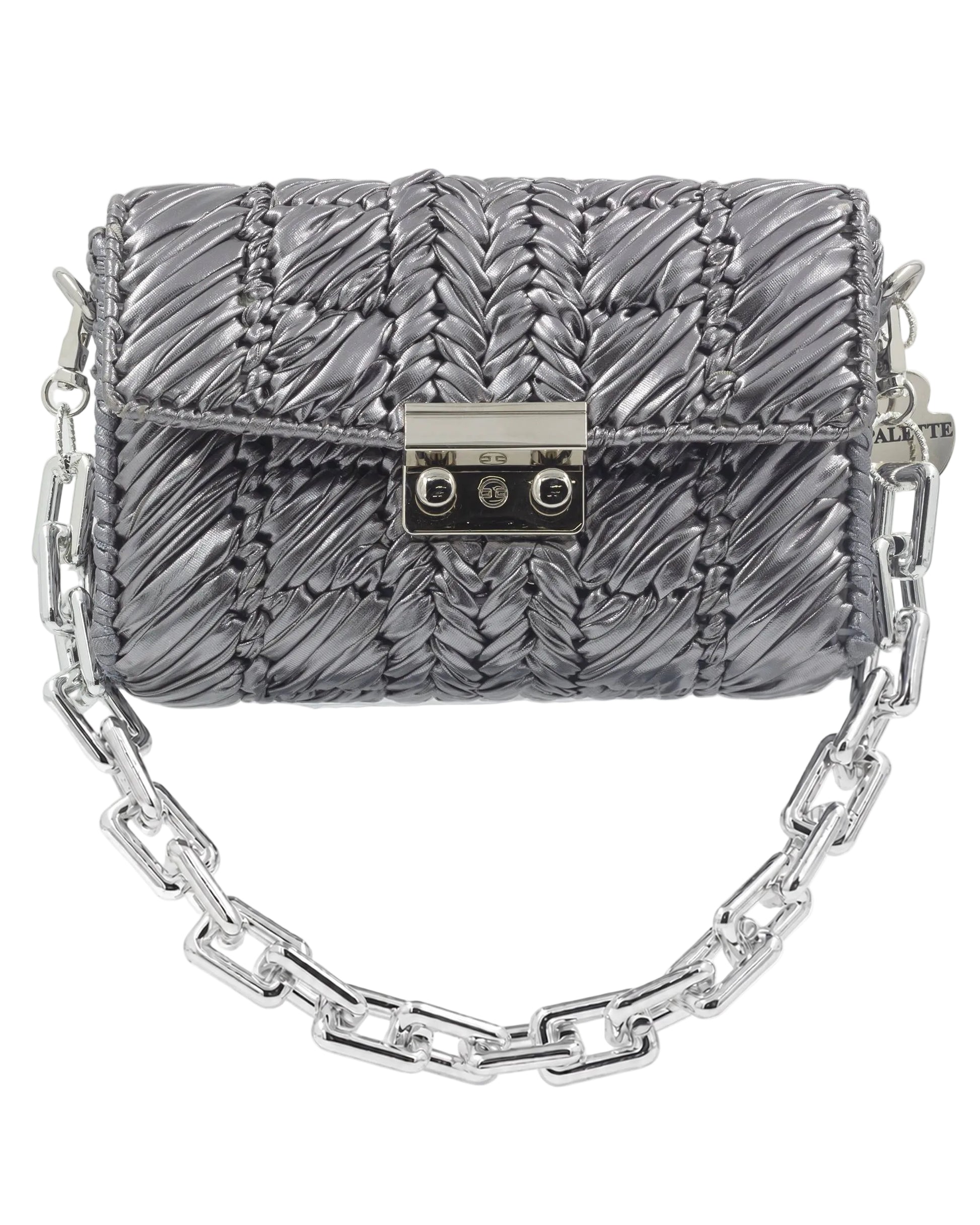 Palette by Rishma Argent Bag in pewter grey — hand woven metallic clutch, front