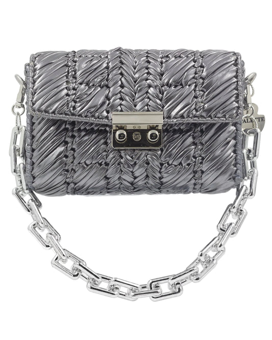 Palette by Rishma Argent Bag in pewter grey — hand woven metallic clutch, front