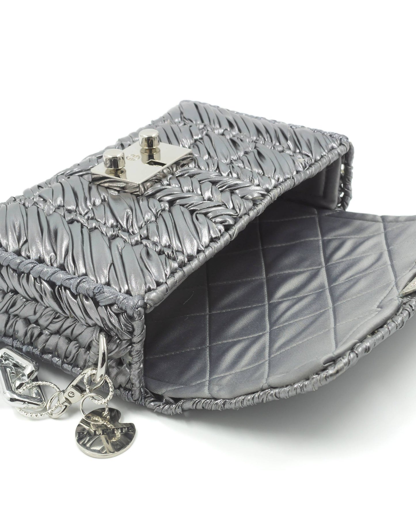 Quilted satin interior lining of Palette by Rishma Argent Bag
