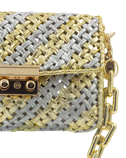 Close-up of woven metallic yarn texture on Palette by Rishma Aurum Bag