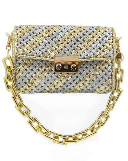 Palette by Rishma Aurum Bag in gold and silver — hand woven metallic clutch, front