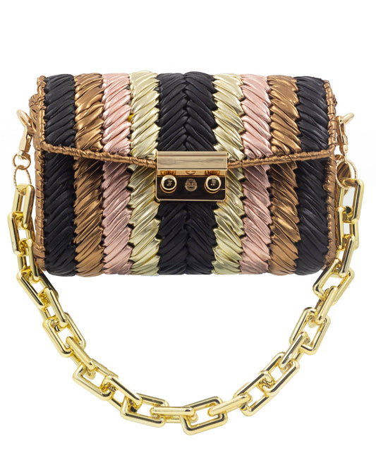 Palette by Rishma Brulé Bag in black and bronze — hand woven metallic clutch, front