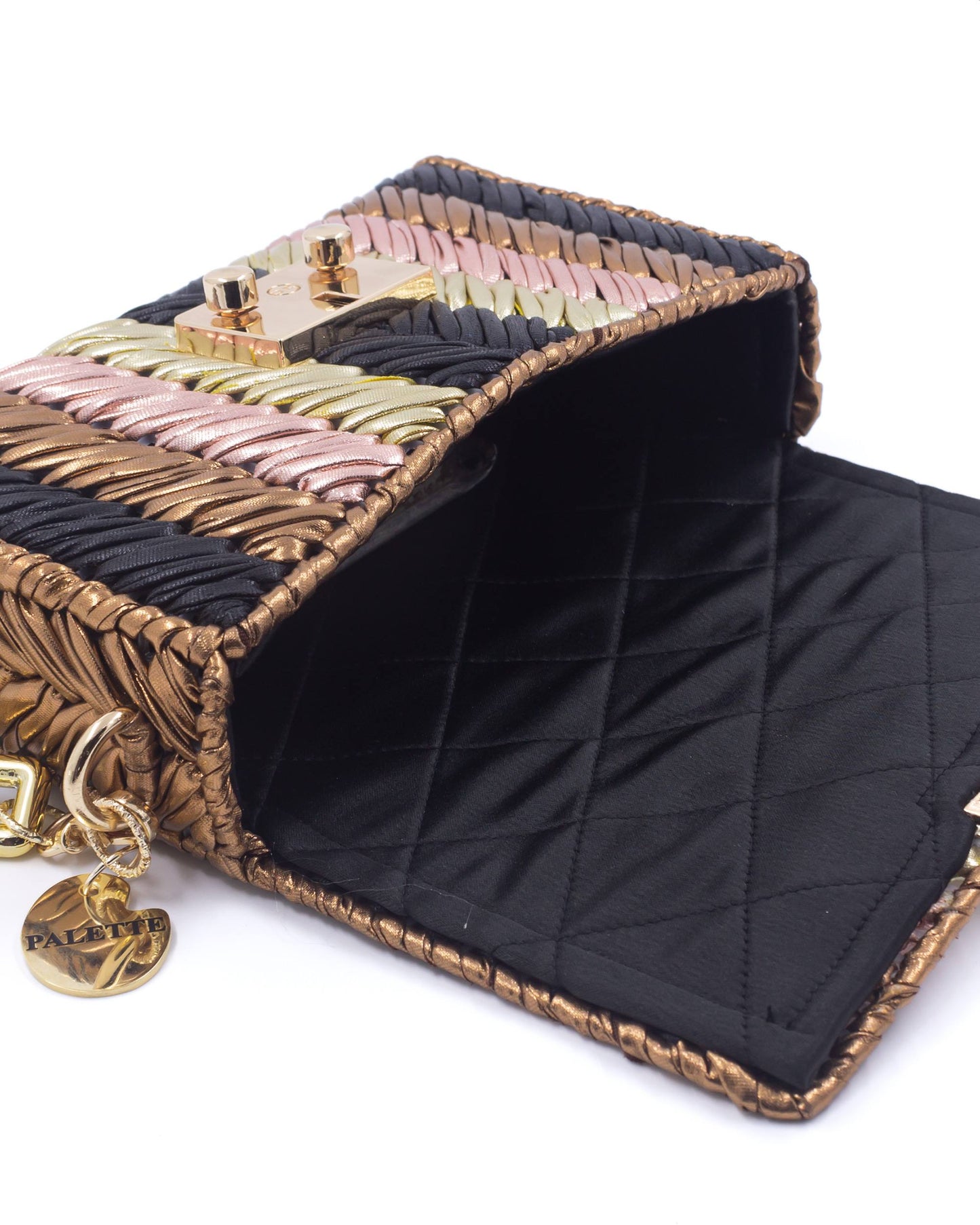 Quilted satin interior lining of Palette by Rishma Brulé Bag