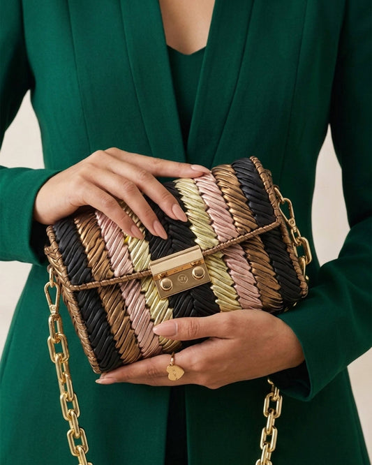 Palette by Rishma Brulé Bag worn as a clutch — black and bronze evening bag in use