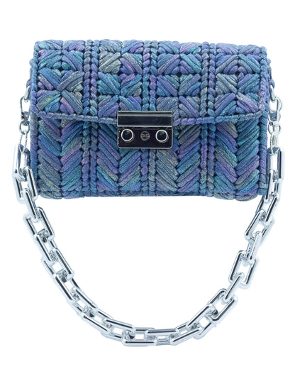 Palette by Rishma Merine Bag in iridescent blue — hand woven metallic clutch, front