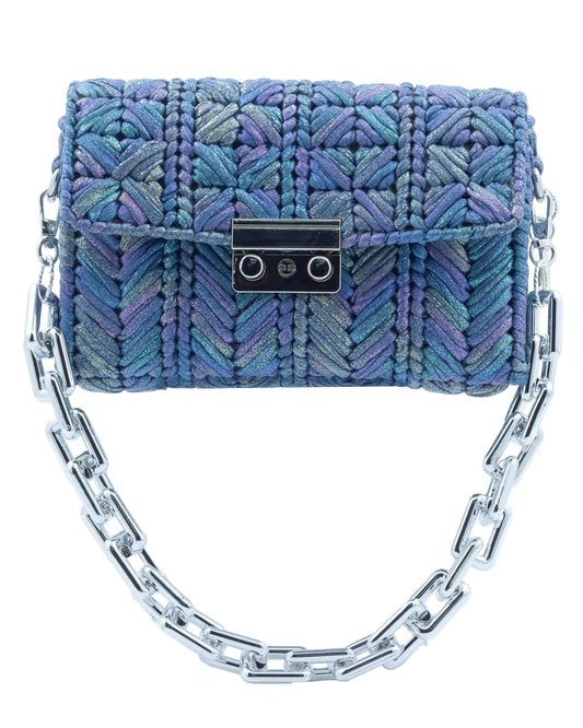Palette by Rishma Merine Bag in iridescent blue — hand woven metallic clutch, front