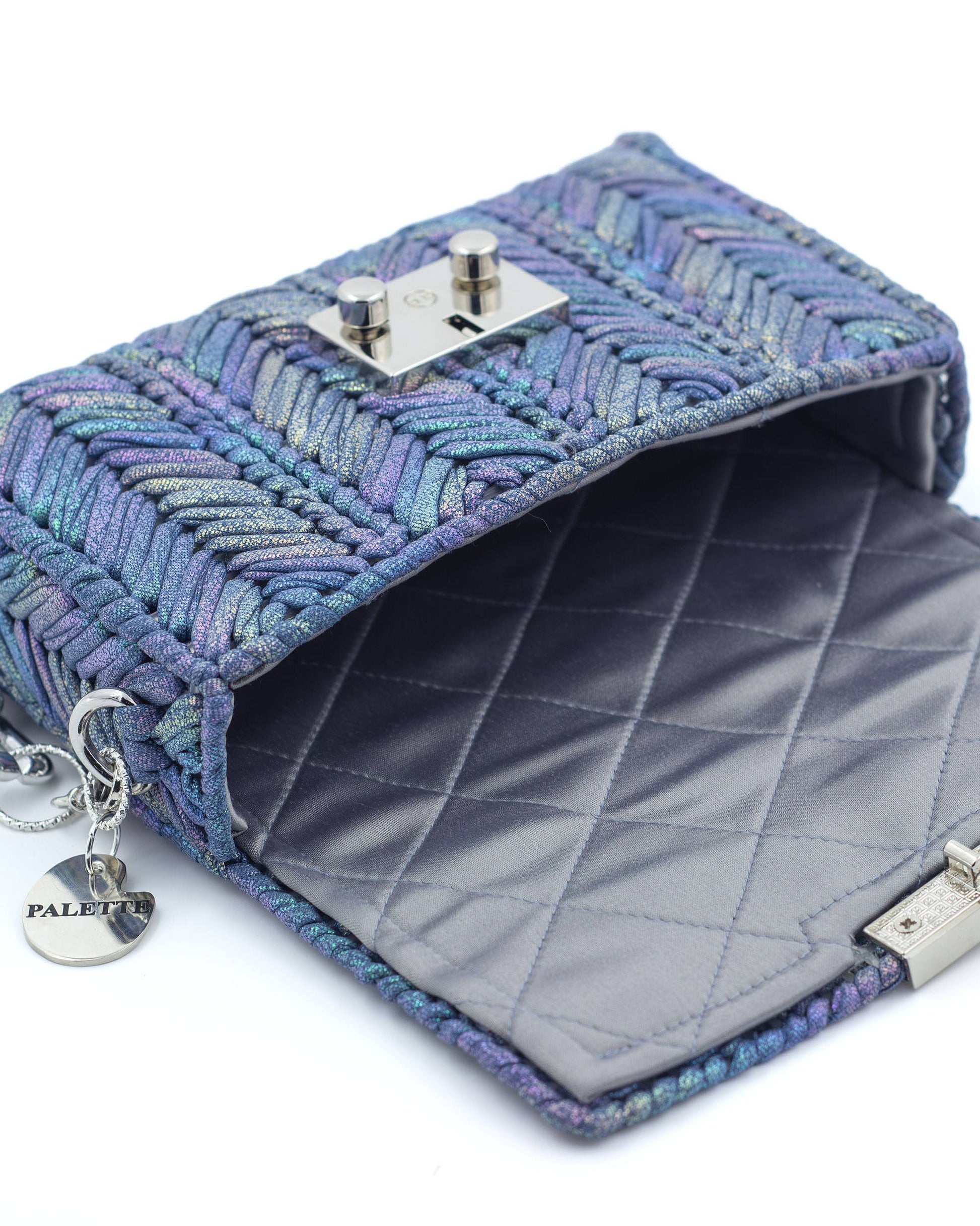 Quilted satin interior lining of Palette by Rishma Merine Bag