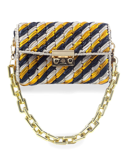 Palette by Rishma Panthera Bag in black and gold — hand woven metallic clutch, front