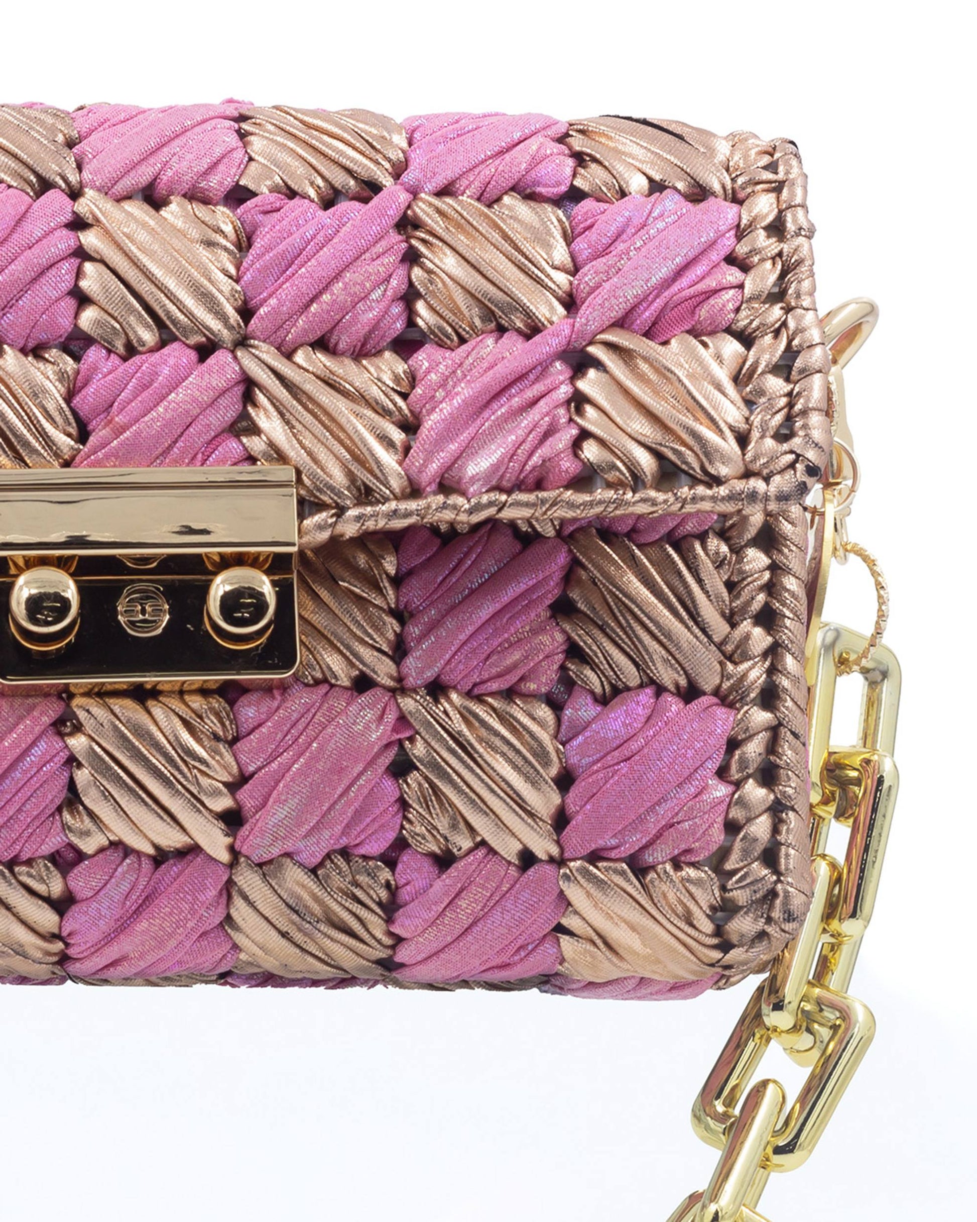 Close-up of woven metallic yarn texture on Palette by Rishma Rosé Bag