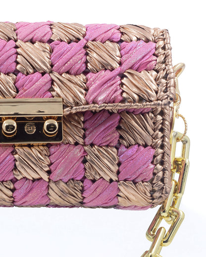 Close-up of woven metallic yarn texture on Palette by Rishma Rosé Bag