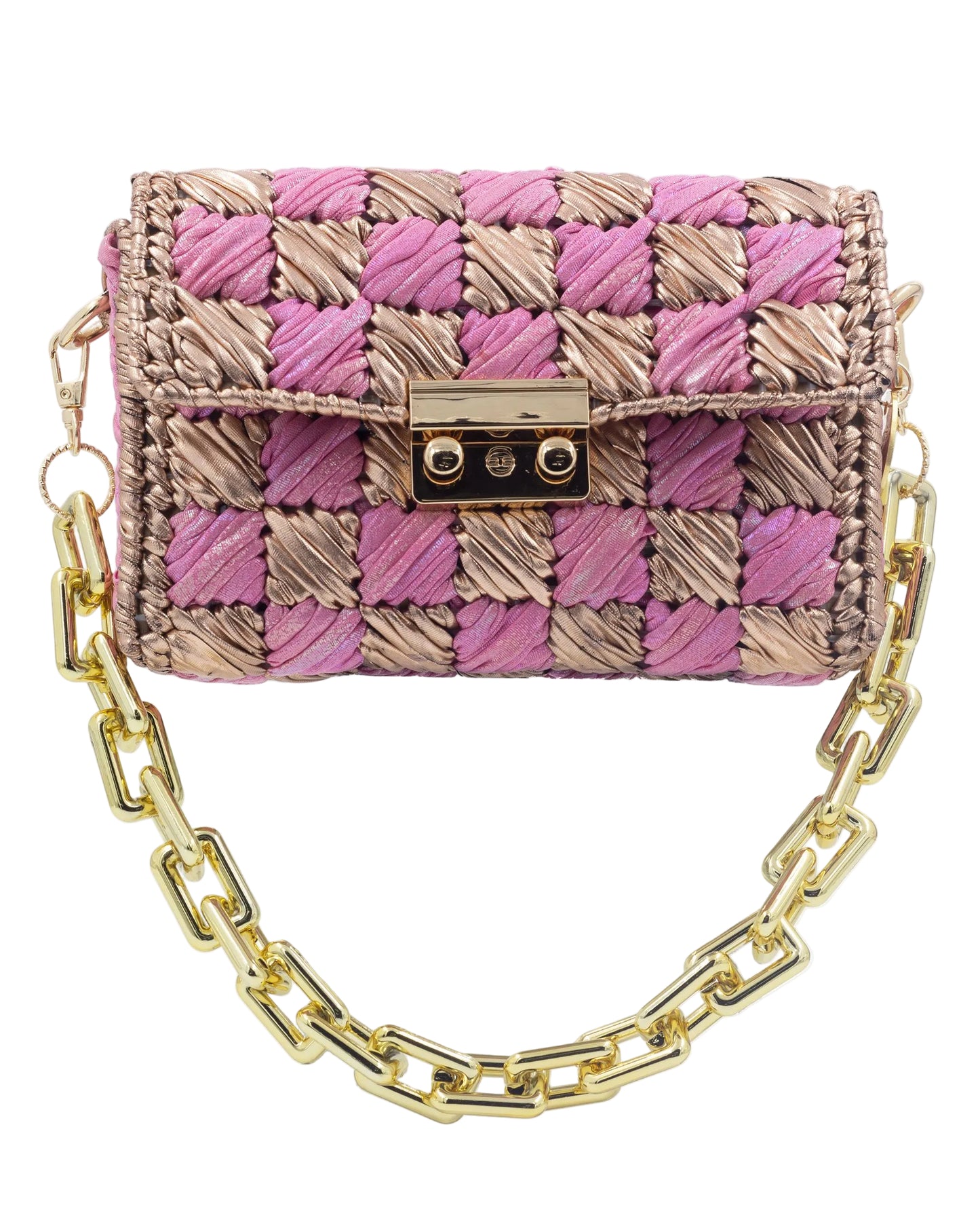 Palette by Rishma Rosé Bag in soft pink and champagne — hand woven metallic clutch, front
