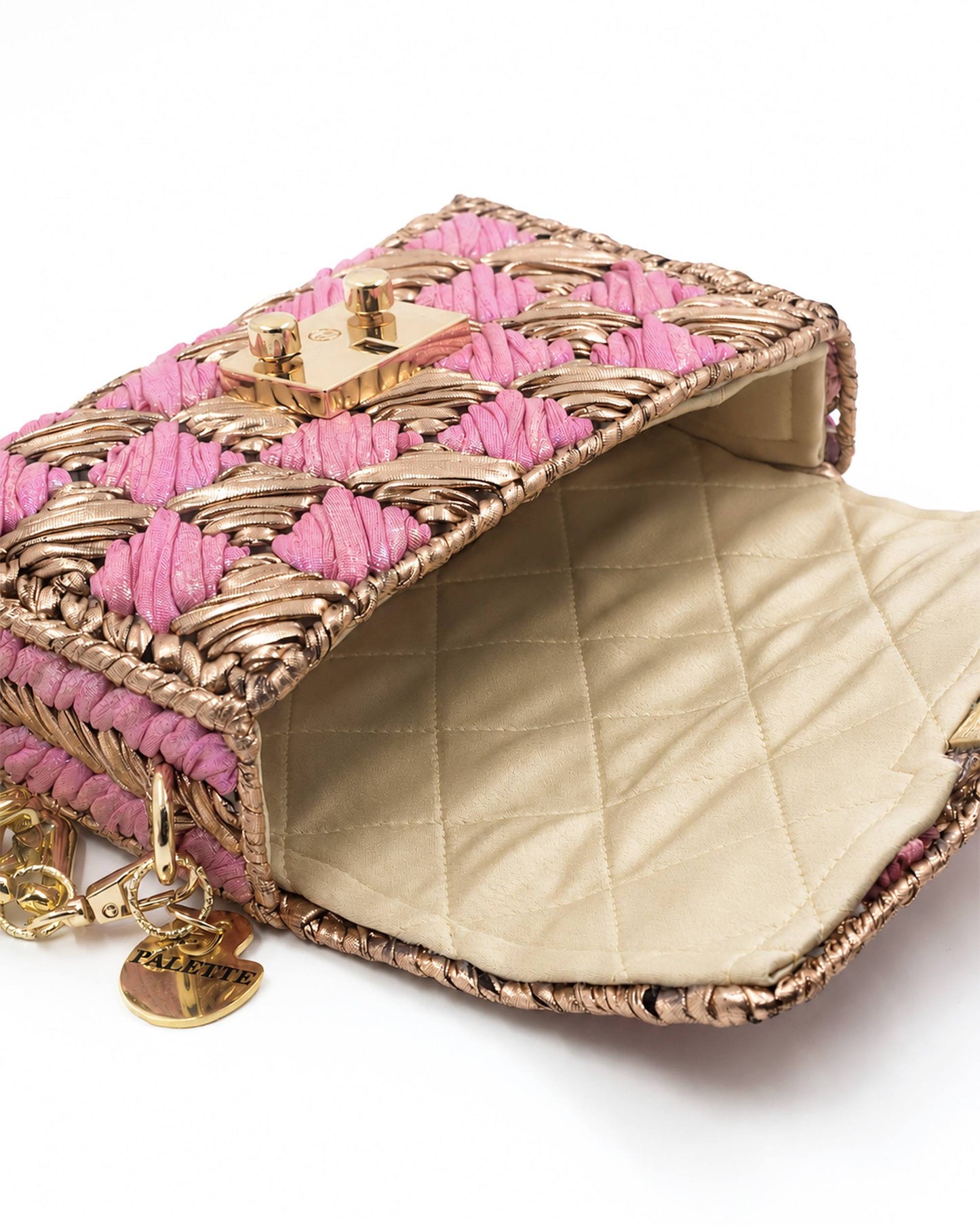 Quilted satin interior lining of Palette by Rishma Rosé Bag