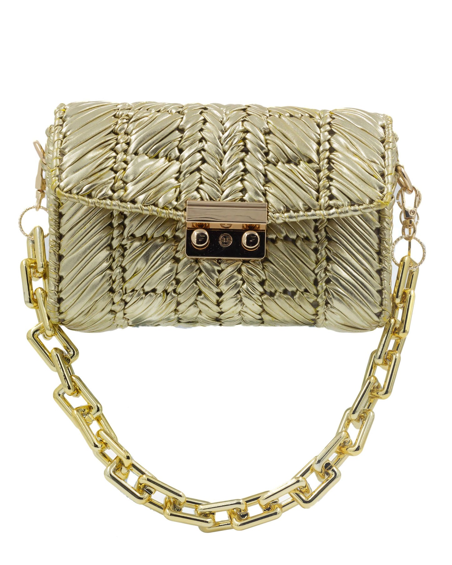 Palette by Rishma Solis Bag in warm gold — hand woven metallic clutch, front