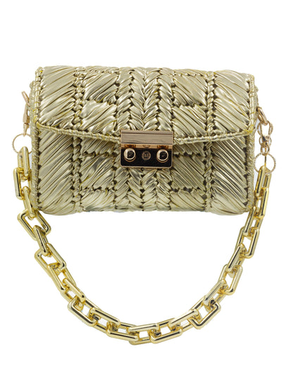 Palette by Rishma Solis Bag in warm gold — hand woven metallic clutch, front