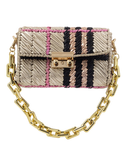 Palette by Rishma Vesper Bag in champagne, black, pink and rose gold — hand woven metallic clutch, front