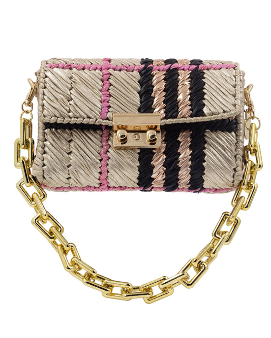 Palette by Rishma Vesper Bag in champagne, black, pink and rose gold — hand woven metallic clutch, front