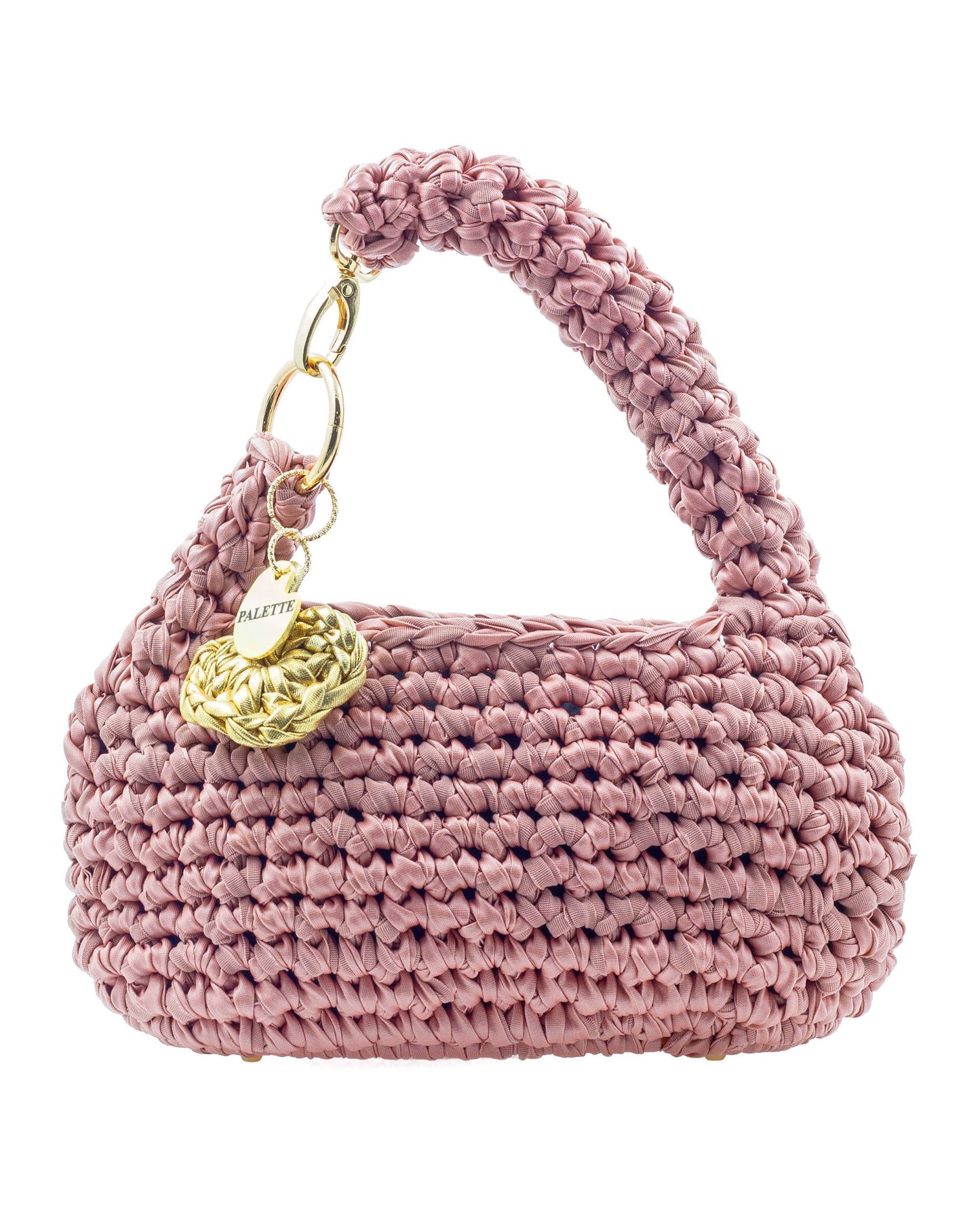 Palette by Rishma Blush Bag in rose blush — hand crocheted leatherette yarn top handle bag, front