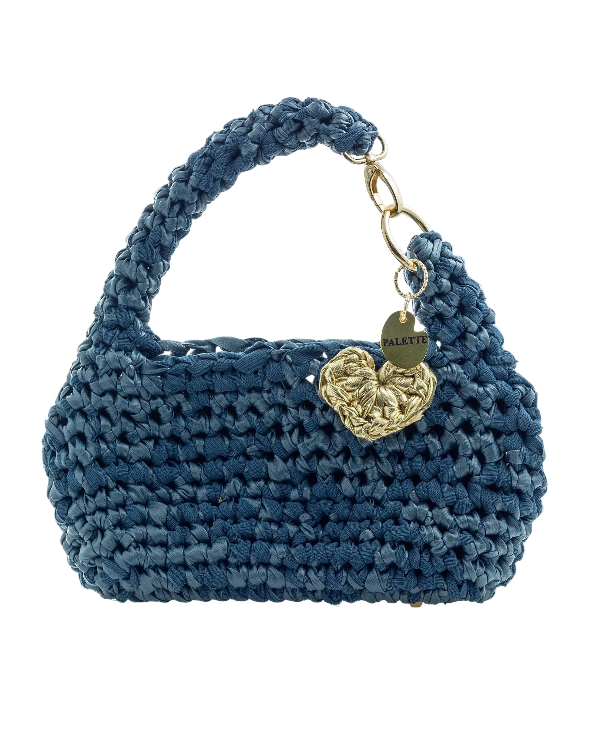 Palette by Rishma Denim Bag in denim blue — hand crocheted leatherette yarn top handle bag, front