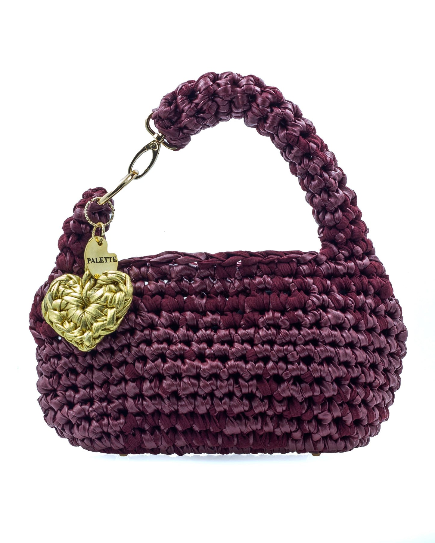 Palette by Rishma Mulberry Bag in deep mulberry maroon — hand crocheted leatherette yarn top handle bag, front