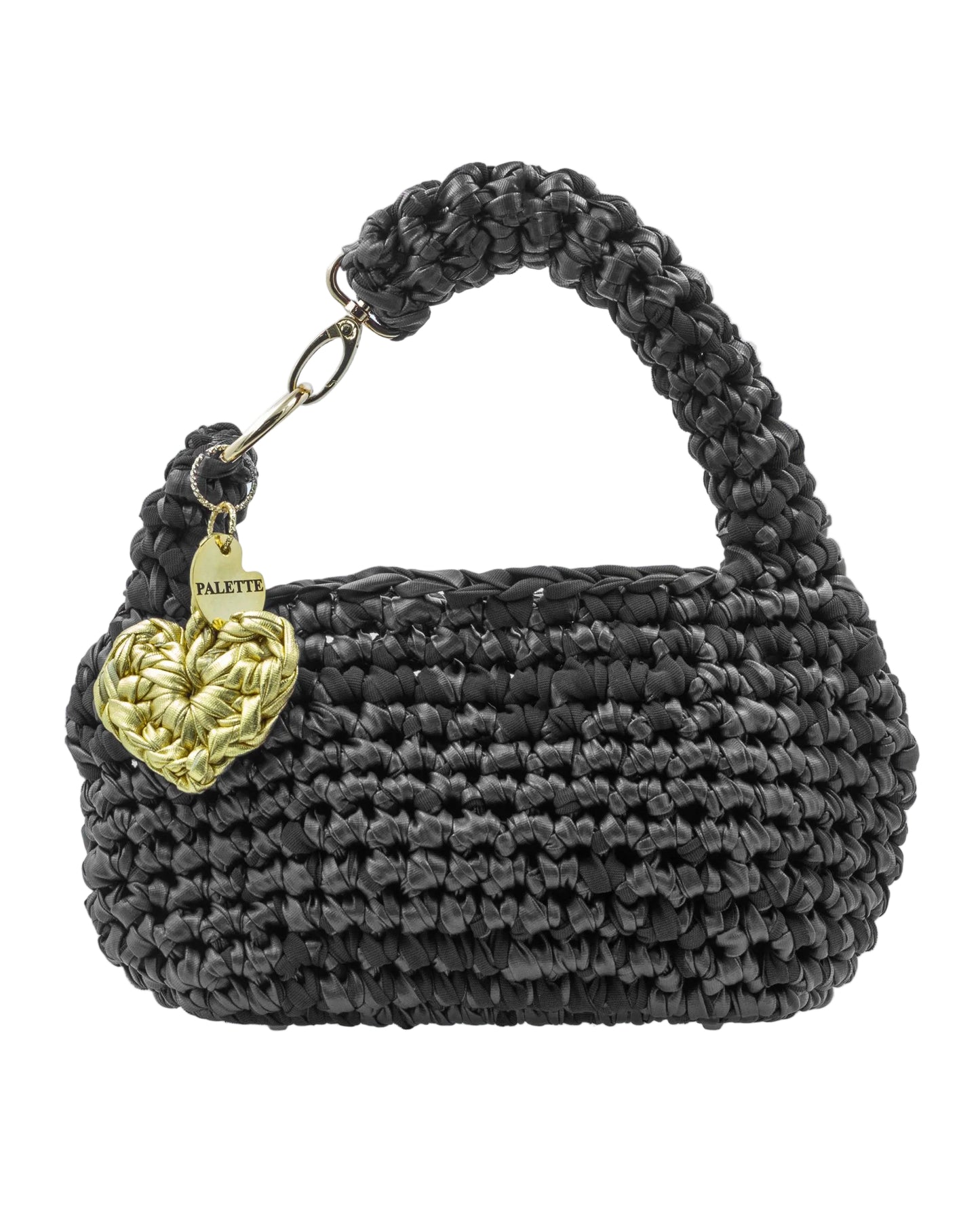 Palette by Rishma Noir Bag in deep black — hand crocheted leatherette yarn top handle bag, front