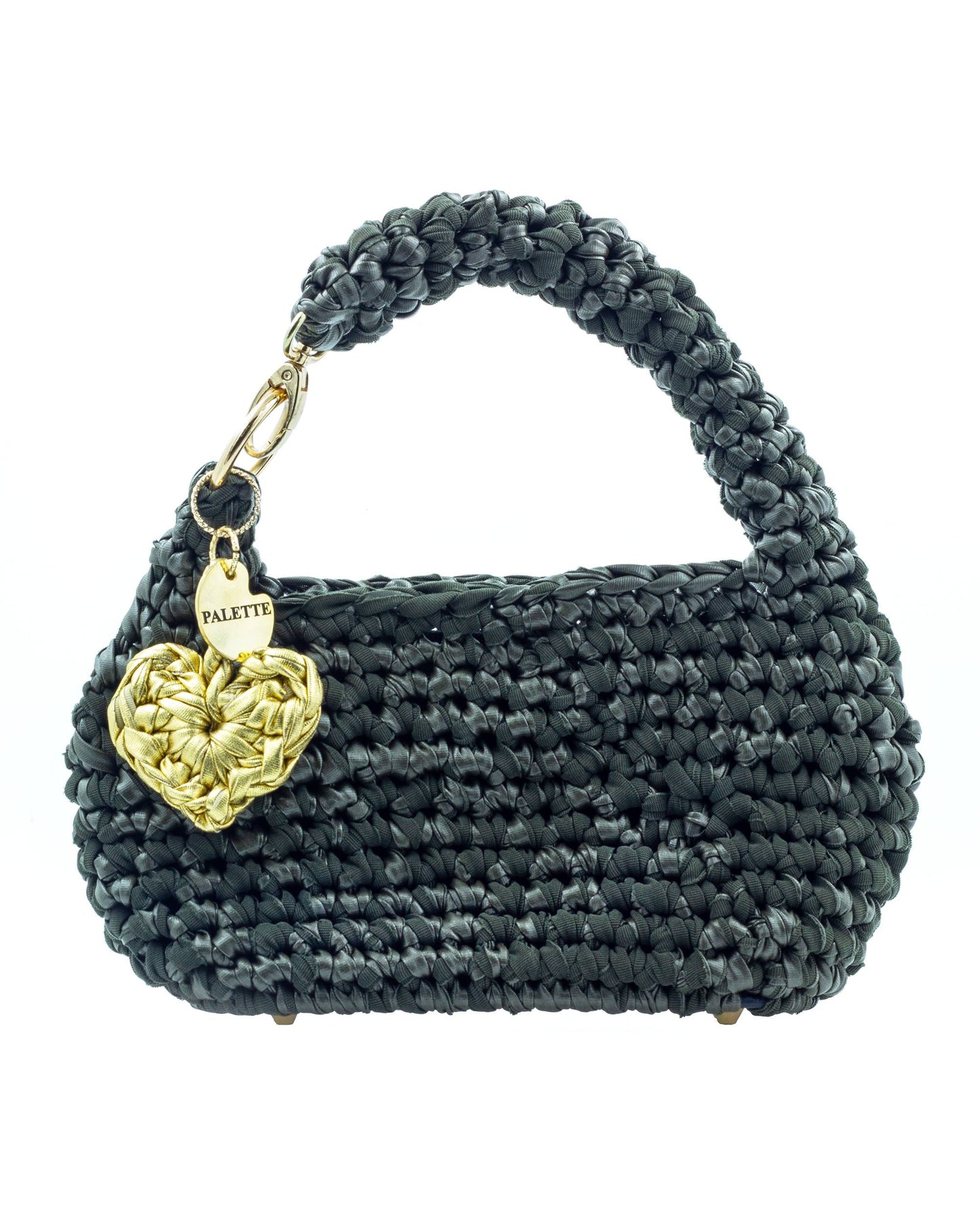 Palette by Rishma Sage Bag in sage olive green — hand crocheted leatherette yarn top handle bag, front
