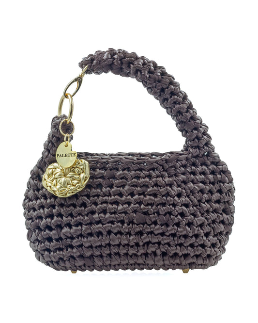 Palette by Rishma Umber Bag in warm umber brown — hand crocheted leatherette yarn top handle bag, front