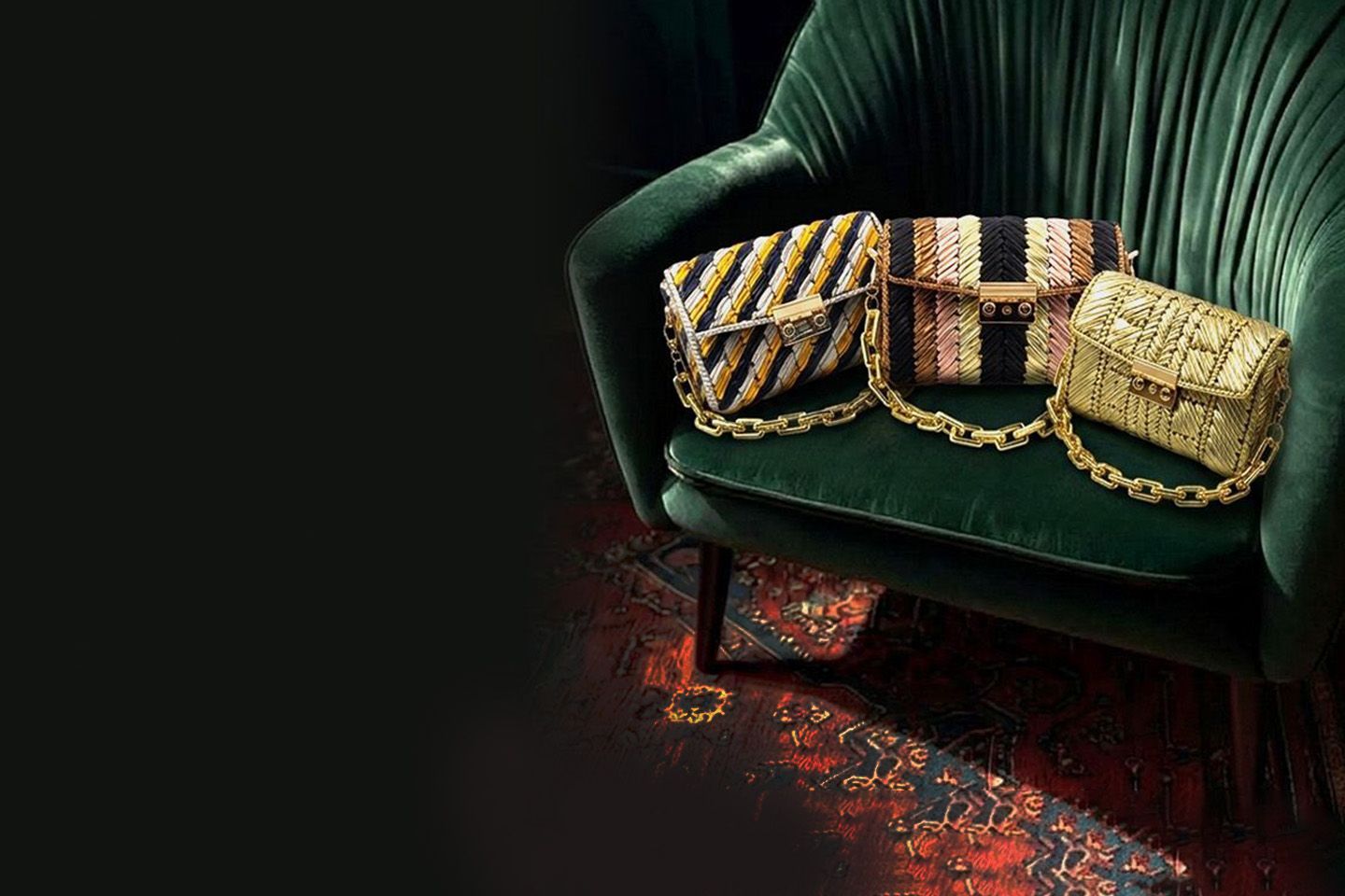 Three woven handcrafted handbags on a luxury green couch with a dark background - Palette by Rishma
