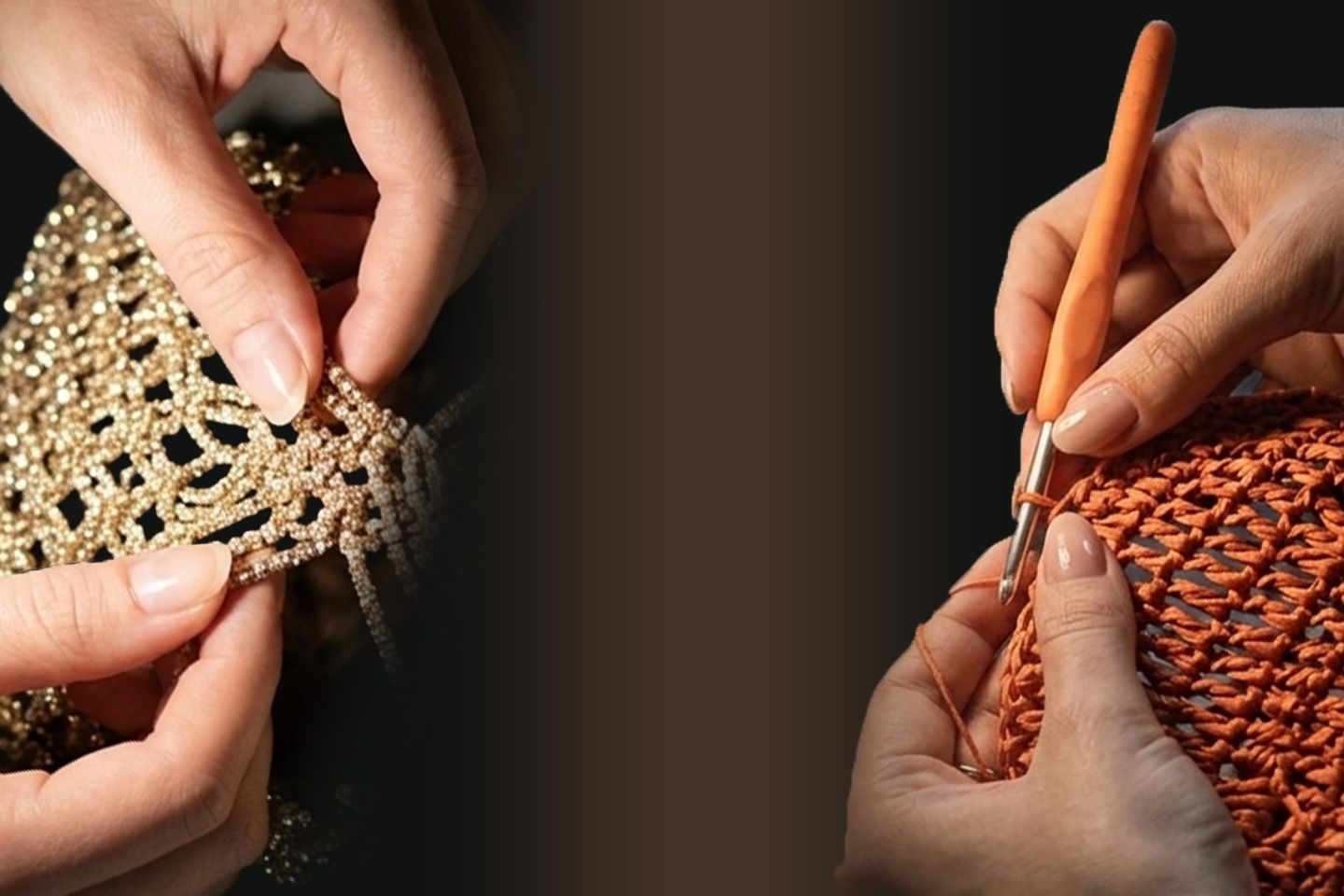 Close-up of hands crocheting and macrame knotting with gold and orange yarn on a dark background - Palette by Rishma